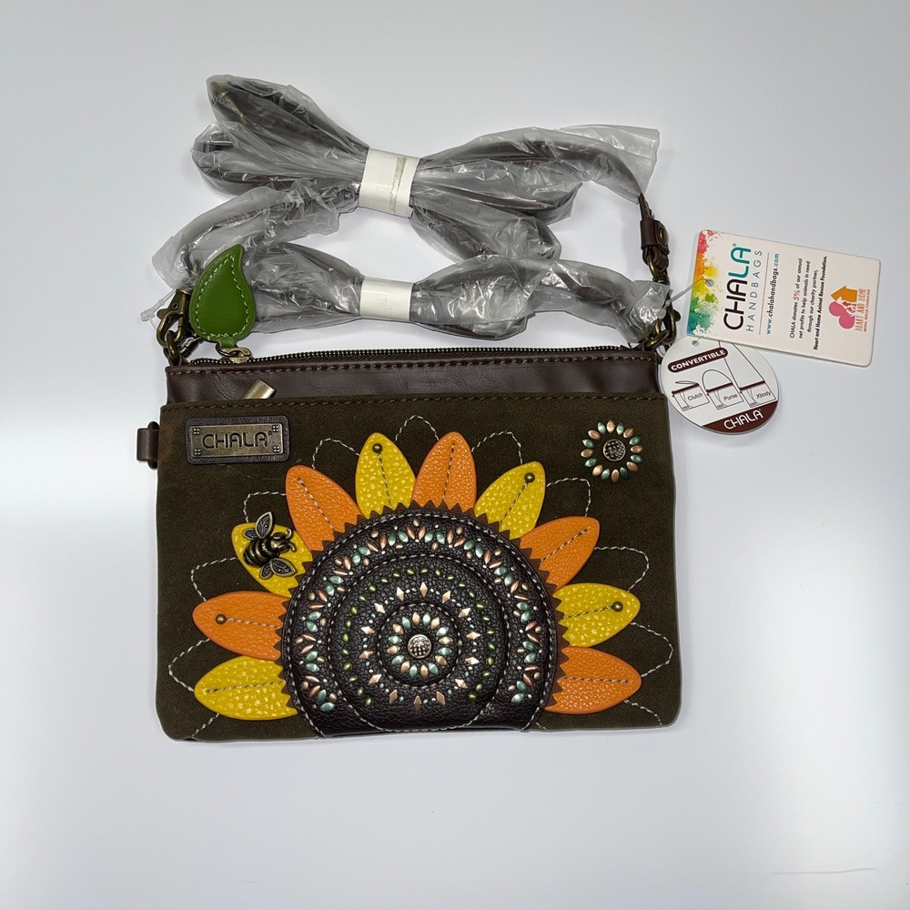 Chala Dazzled Bee Sunflower Faux‎ Leather Convertible Clutch Purse Crossbody NWT